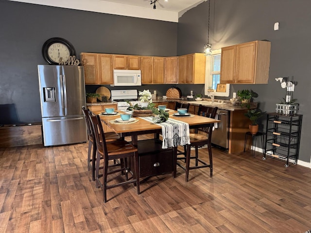 1581 W Lone Pine Dr, Baldwin, MI 49304 - kitchen featuring appliances with stainless steel finishes, a towering ceiling, wood finished floors, hanging light fixtures, and rail lighting