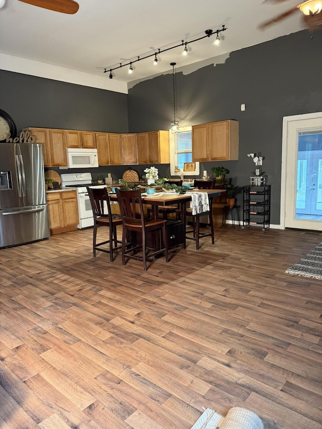 1581 W Lone Pine Dr, Baldwin, MI 49304 - dining room with a ceiling fan, a towering ceiling, track lighting, dark wood-type flooring, and plenty of natural light