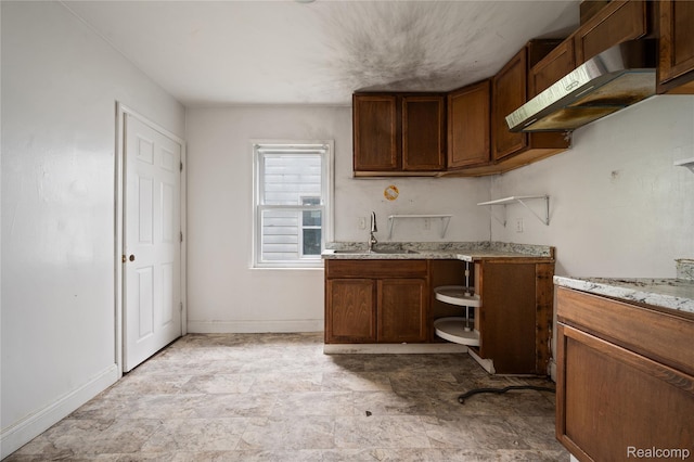 18666 Carrie St, Hamtramck, MI 48234 - kitchen featuring a sink, under cabinet range hood, open shelves, baseboards, and light stone counters