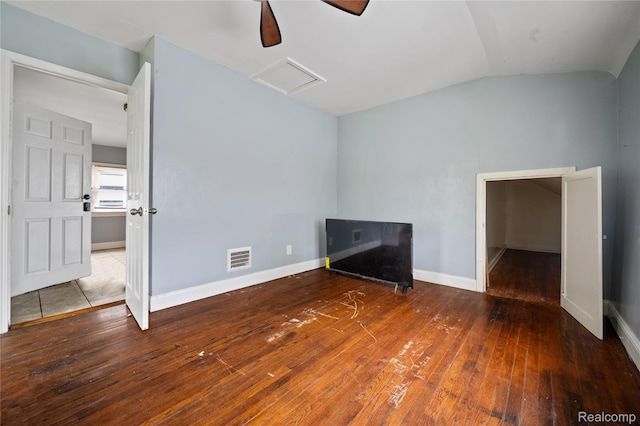 18666 Carrie St, Hamtramck, MI 48234 - unfurnished living room with attic access, hardwood / wood-style floors, lofted ceiling, baseboards, and a ceiling fan