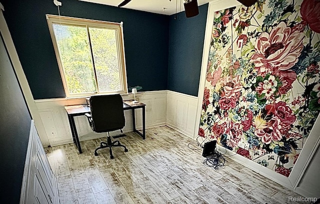 31322 Leota St, Fraser, MI 48026 - office space with a wainscoted wall, wood finished floors, and a ceiling fan
