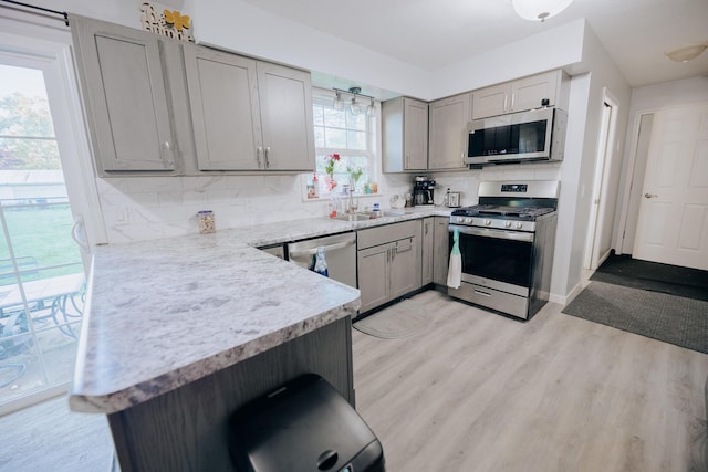 1905 Ora St, Muskegon, MI 49445 - kitchen featuring appliances with stainless steel finishes, gray cabinetry, a sink, light countertops, and decorative backsplash