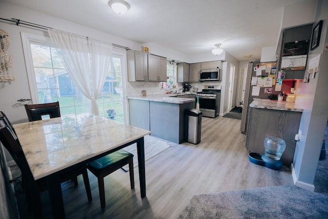 1905 Ora St, Muskegon, MI 49445 - kitchen featuring stainless steel appliances, gray cabinetry, light countertops, a peninsula, and light wood-style flooring