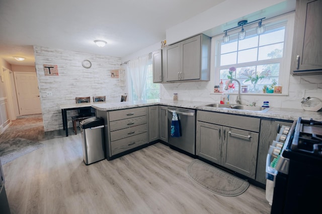 1905 Ora St, Muskegon, MI 49445 - kitchen featuring dishwasher, gray cabinets, black gas range oven, a sink, and tasteful backsplash