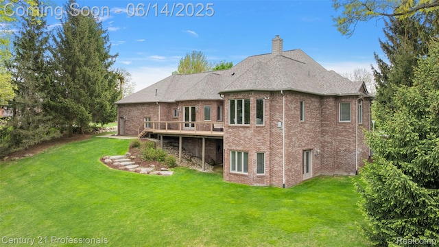 1181 Iroquois Trl, Oxford, MI 48371 - rear view of property featuring a yard, brick siding, a wooden deck, and a chimney