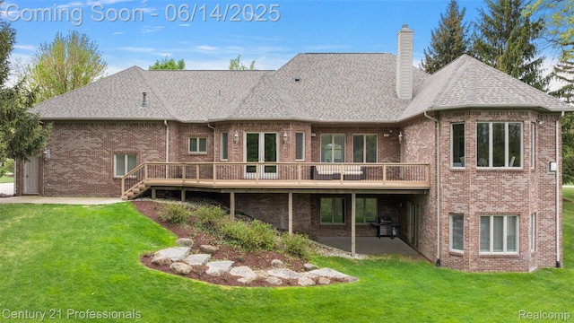 1181 Iroquois Trl, Oxford, MI 48371 - rear view of house with brick siding, a patio area, a lawn, and a deck