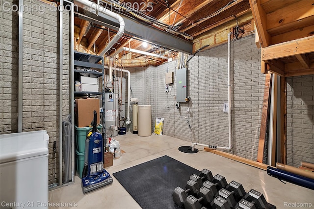 1181 Iroquois Trl, Oxford, MI 48371 - unfinished below grade area with a water softener system, electric panel, water heater, and refrigerator