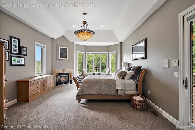 1181 Iroquois Trl, Oxford, MI 48371 - bedroom with light carpet, multiple windows, vaulted ceiling, a fireplace, and recessed lighting