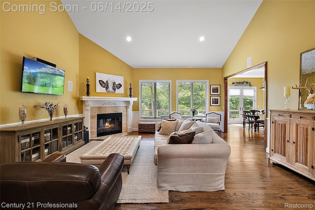 1181 Iroquois Trl, Oxford, MI 48371 - living room featuring high vaulted ceiling, wood finished floors, a fireplace, and recessed lighting
