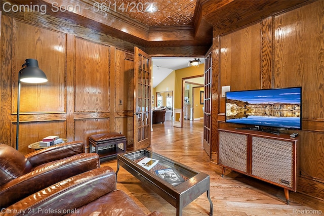 1181 Iroquois Trl, Oxford, MI 48371 - living area featuring wood finished floors, an ornate ceiling, and wooden walls
