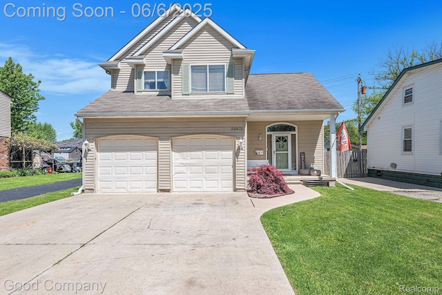 22571 E 13 Mile Rd, Saint Clair Shores, MI 48082 - view of front facade featuring a front yard, an attached garage, concrete driveway, a shingled roof, and a porch