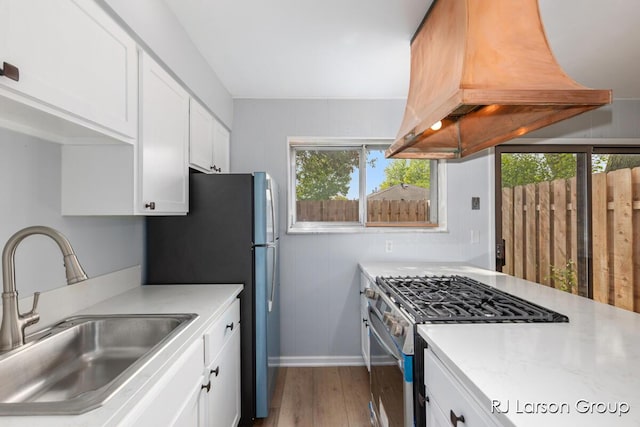 2463 Abbington Dr SE, Grand Rapids, MI 49506 - kitchen featuring stainless steel appliances, custom exhaust hood, light countertops, wood finished floors, and healthy amount of natural light