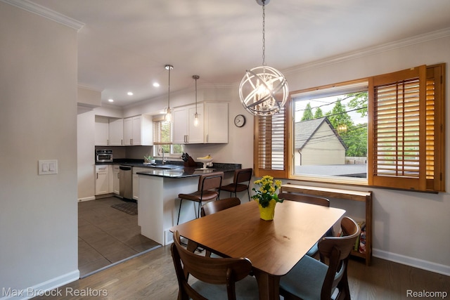971 N Old Woodward Ave, Birmingham, MI 48009 - dining space with a chandelier, baseboards, ornamental molding, dark wood finished floors, and recessed lighting