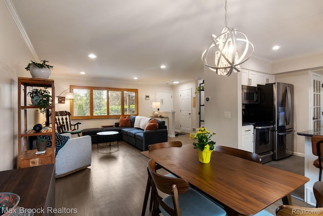 971 N Old Woodward Ave, Birmingham, MI 48009 - dining space featuring a chandelier, ornamental molding, recessed lighting, wood finished floors, and baseboards