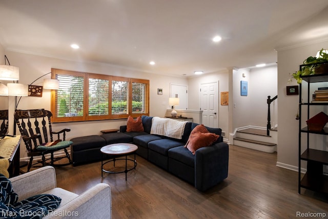 971 N Old Woodward Ave, Birmingham, MI 48009 - living area with crown molding, dark wood-type flooring, recessed lighting, stairs, and baseboards