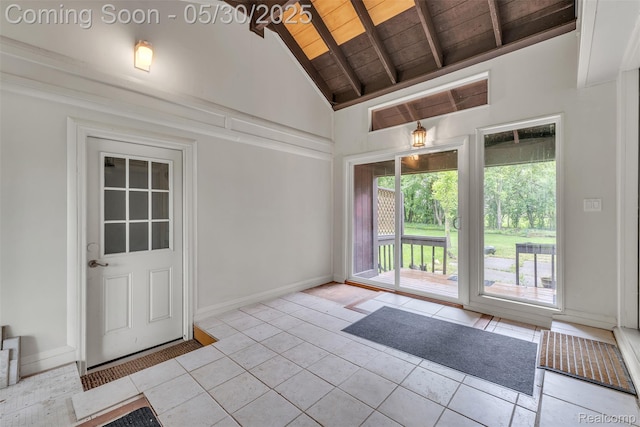 5772 Perrytown Dr, West Bloomfield, MI 48322 - doorway with tile patterned flooring, wooden ceiling with exposed beams, high vaulted ceiling, and baseboards