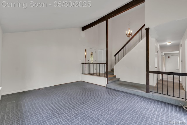 5772 Perrytown Dr, West Bloomfield, MI 48322 - unfurnished living room featuring a chandelier, stairs, and baseboards
