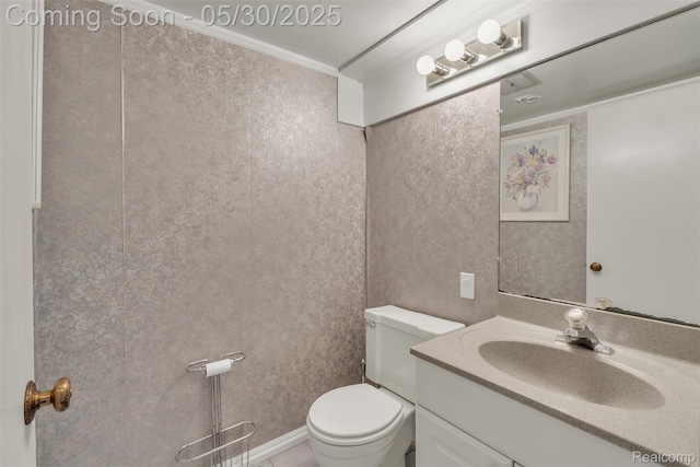 5772 Perrytown Dr, West Bloomfield, MI 48322 - half bath featuring toilet, vanity, and ornamental molding