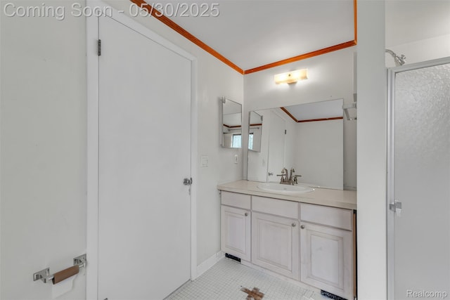 5772 Perrytown Dr, West Bloomfield, MI 48322 - bathroom featuring vanity, tile patterned flooring, crown molding, and a shower with shower door