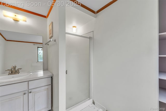 5772 Perrytown Dr, West Bloomfield, MI 48322 - full bathroom featuring a shower stall, crown molding, vanity, and tile patterned flooring
