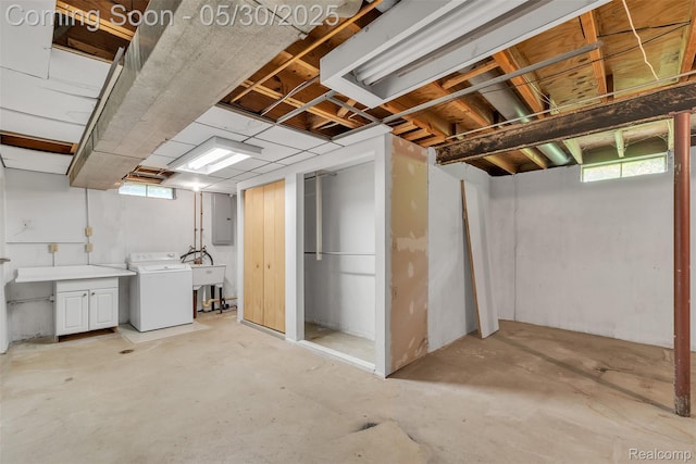 5772 Perrytown Dr, West Bloomfield, MI 48322 - basement featuring washer / dryer, electric panel, and a sink
