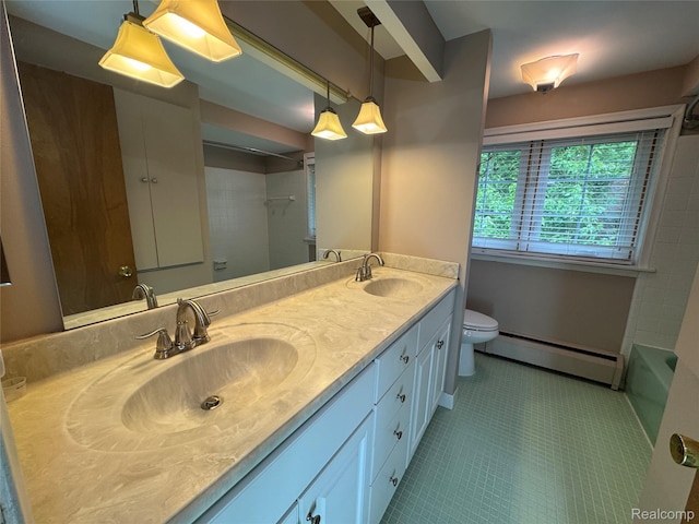 37298 Robindale Ct, Clinton Township, MI 48036 - full bath with a baseboard radiator, double vanity, toilet, and tile patterned flooring
