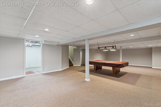 45127 Fair Oaks Dr, Canton, MI 48187 - playroom featuring carpet flooring, baseboards, recessed lighting, a drop ceiling, and billiards