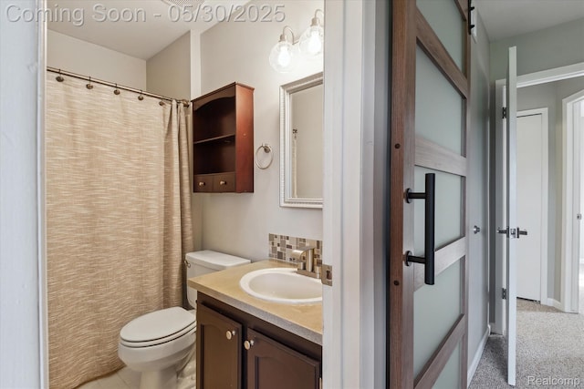 45127 Fair Oaks Dr, Canton, MI 48187 - bathroom with vanity, toilet, tasteful backsplash, and curtained shower
