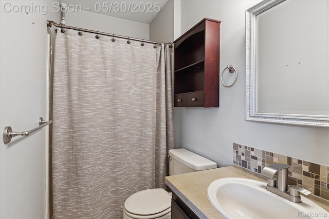 45127 Fair Oaks Dr, Canton, MI 48187 - full bathroom with toilet, backsplash, vanity, and curtained shower