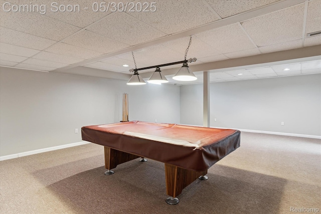 45127 Fair Oaks Dr, Canton, MI 48187 - playroom with a paneled ceiling, carpet, baseboards, billiards, and recessed lighting