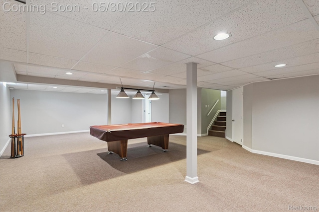 45127 Fair Oaks Dr, Canton, MI 48187 - recreation room with carpet, billiards table, baseboards, recessed lighting, and a paneled ceiling