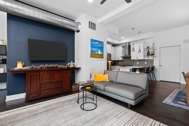 211 W Kingsley St, Ann Arbor, MI 48103 - living room featuring dark wood-style flooring, ceiling fan, and recessed lighting
