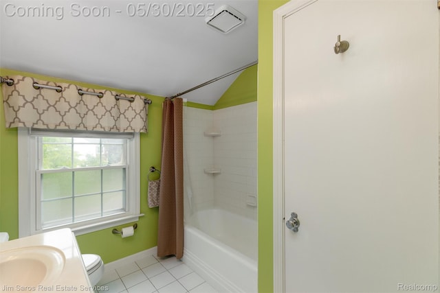 441 Mckinley Ave, Grosse Pointe Farms, MI 48236 - bathroom with vaulted ceiling, tile patterned floors, toilet, shower / bath combo, and a sink
