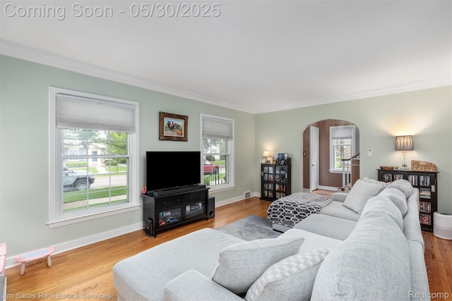 441 Mckinley Ave, Grosse Pointe Farms, MI 48236 - living area with arched walkways, crown molding, wood finished floors, and baseboards