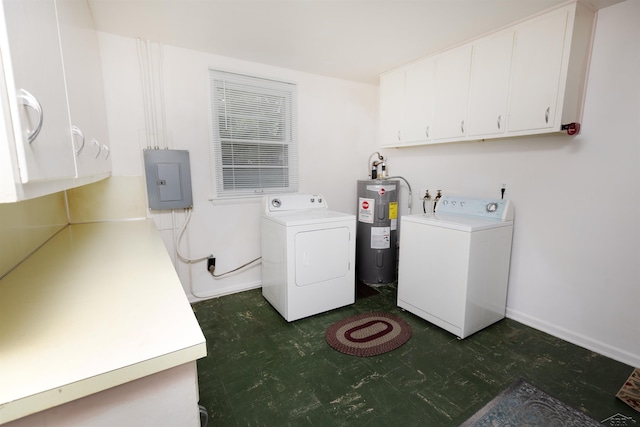 1202 Avalon Ave, Saginaw, MI 48638 - laundry area featuring water heater, dark floors, washer and clothes dryer, cabinet space, and electric panel