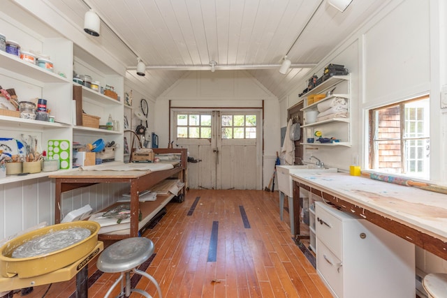 511 W Jefferson St, Ann Arbor, MI 48103 - kitchen with open shelves, lofted ceiling, wooden ceiling, light wood finished floors, and white cabinets