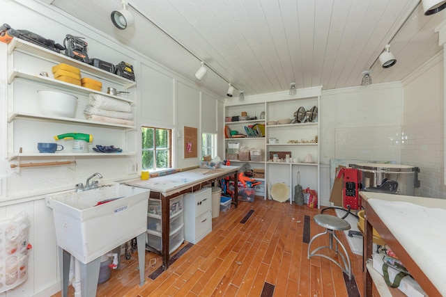 511 W Jefferson St, Ann Arbor, MI 48103 - kitchen with open shelves, rail lighting, light wood finished floors, and wood ceiling