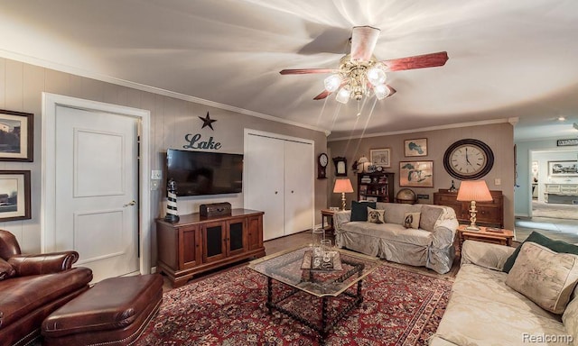 1786 Point St, Commerce Twp, MI 48382 - living area featuring ceiling fan and ornamental molding