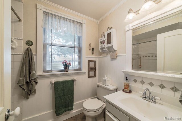 1786 Point St, Commerce Twp, MI 48382 - full bathroom with crown molding, vanity, toilet, a shower, and decorative backsplash