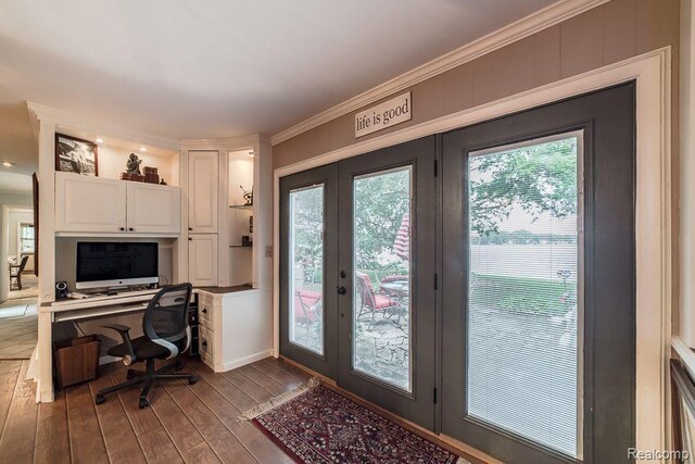 1786 Point St, Commerce Twp, MI 48382 - office space featuring french doors, dark wood-style floors, ornamental molding, and baseboards