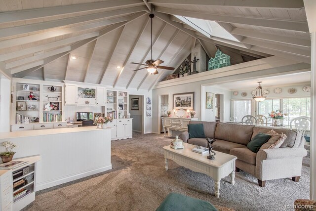 1786 Point St, Commerce Twp, MI 48382 - living room featuring high vaulted ceiling, beam ceiling, carpet, and a ceiling fan