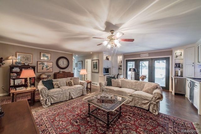 1786 Point St, Commerce Twp, MI 48382 - living room featuring ceiling fan, ornamental molding, and dark wood-type flooring
