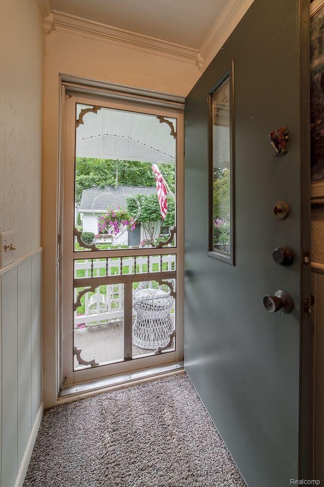 1786 Point St, Commerce Twp, MI 48382 - doorway with ornamental molding and carpet flooring