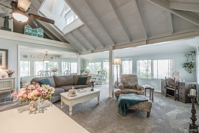 1786 Point St, Commerce Twp, MI 48382 - living area featuring carpet floors, high vaulted ceiling, a ceiling fan, and beamed ceiling