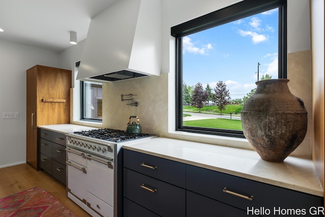 421 Manhattan Rd SE, Grand Rapids, MI 49506 - kitchen featuring range with two ovens, island exhaust hood, light wood-style flooring, decorative backsplash, and healthy amount of natural light