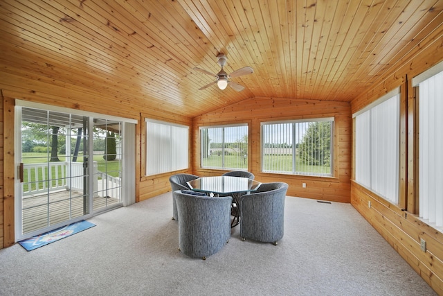 10639 Hanover Rd, Hanover, MI 49241 - sunroom / solarium featuring vaulted ceiling, carpet floors, wood walls, a ceiling fan, and wood ceiling