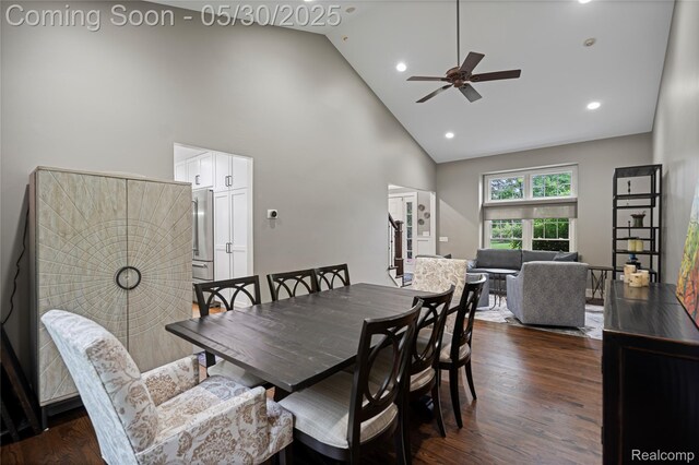 2640 Water Oaks Dr, West Bloomfield, MI 48324 - dining room with high vaulted ceiling, ceiling fan, dark wood-style flooring, and recessed lighting