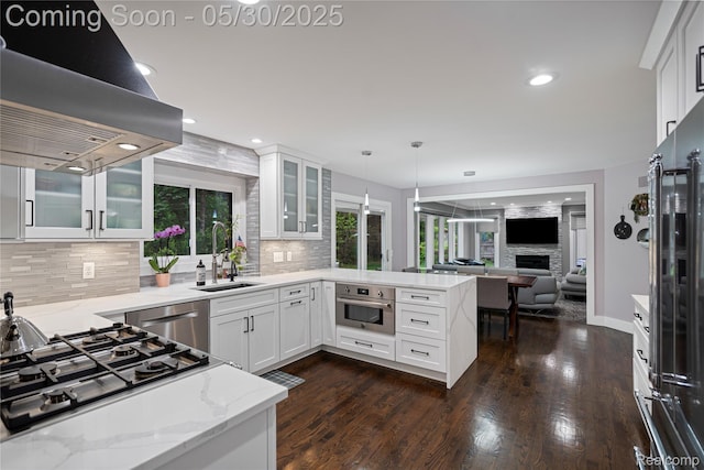 2640 Water Oaks Dr, West Bloomfield, MI 48324 - kitchen with a sink, a peninsula, stainless steel appliances, exhaust hood, and plenty of natural light
