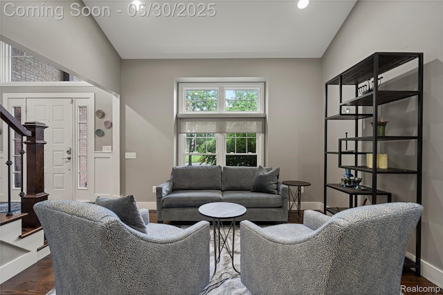 2640 Water Oaks Dr, West Bloomfield, MI 48324 - living room with stairs, dark wood-type flooring, and baseboards