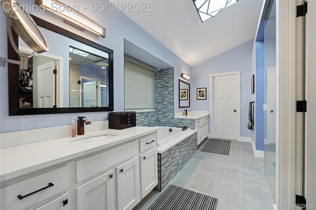 2640 Water Oaks Dr, West Bloomfield, MI 48324 - full bath featuring vaulted ceiling, vanity, a garden tub, and a skylight